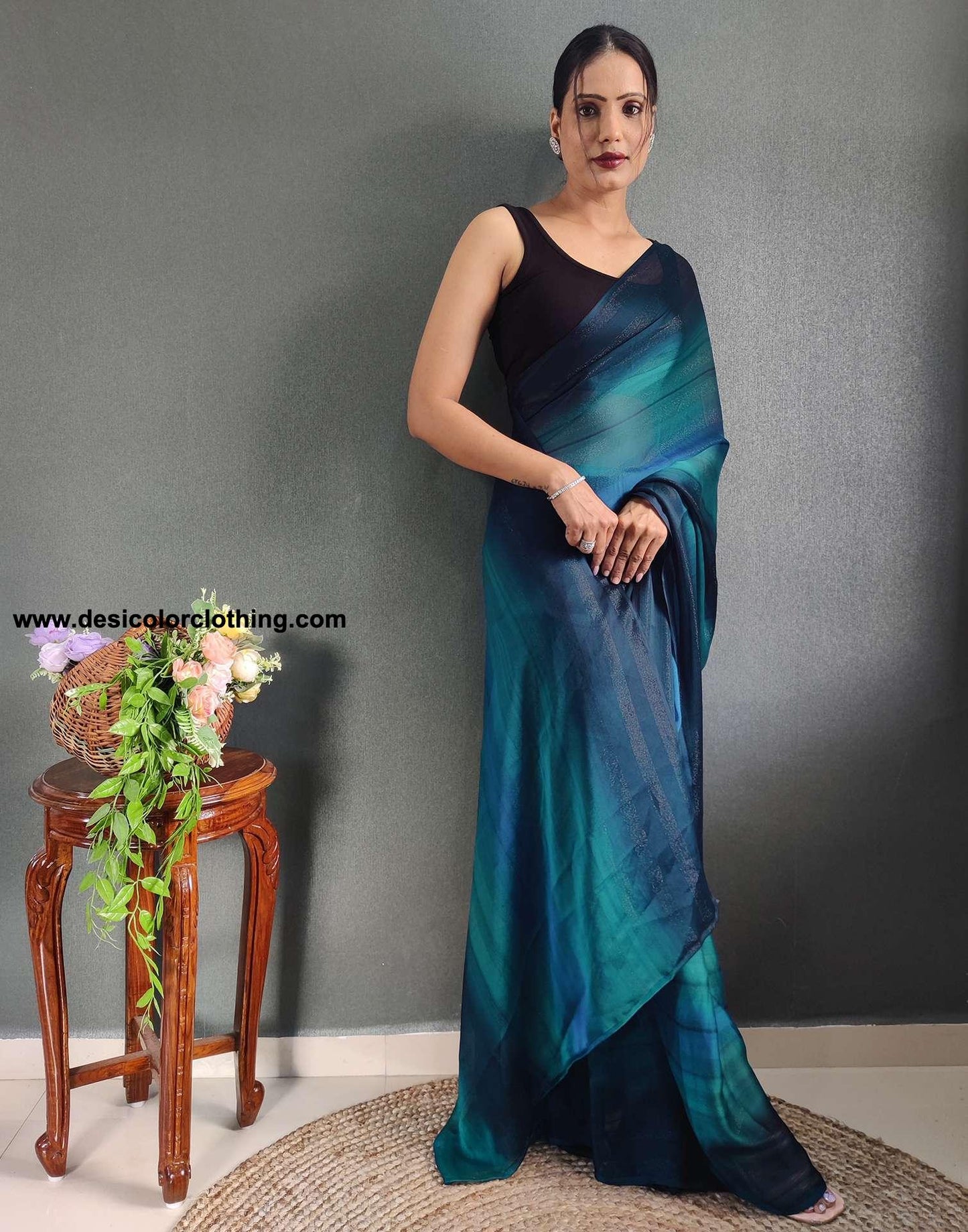 Blue Printed Georgette Pre-draped Saree