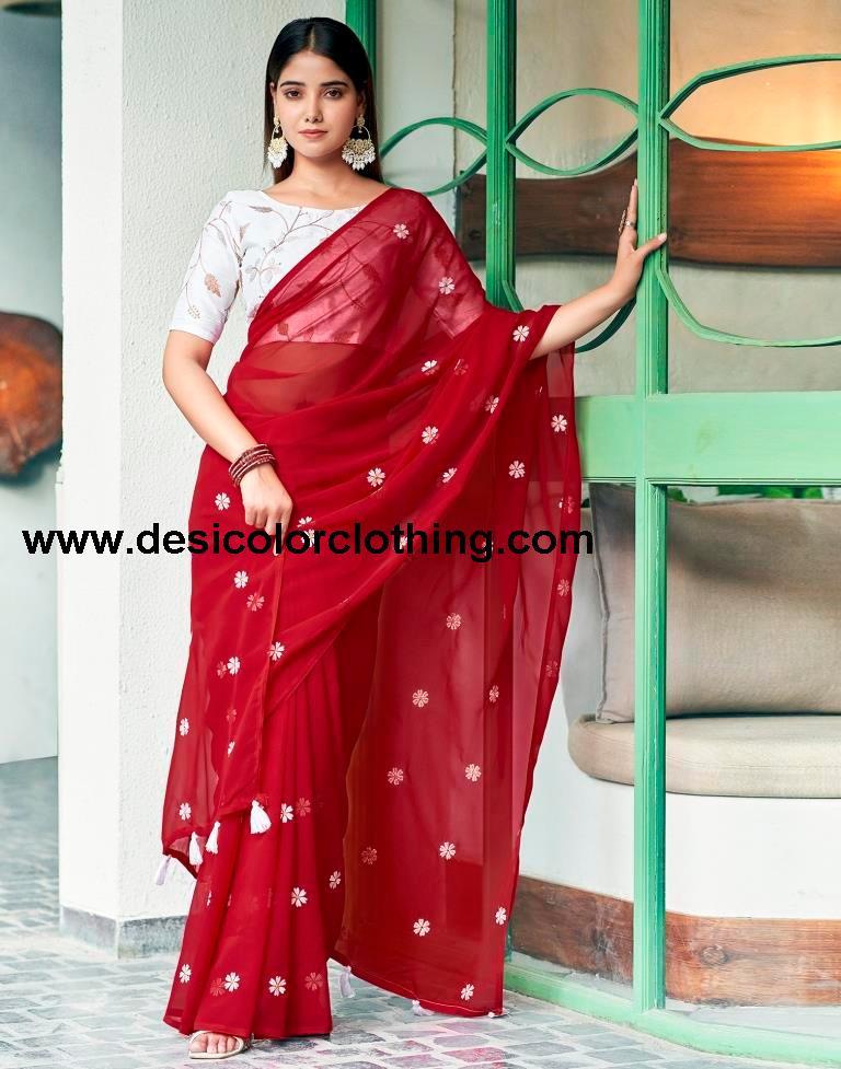 Red Georgette Embroidery Saree