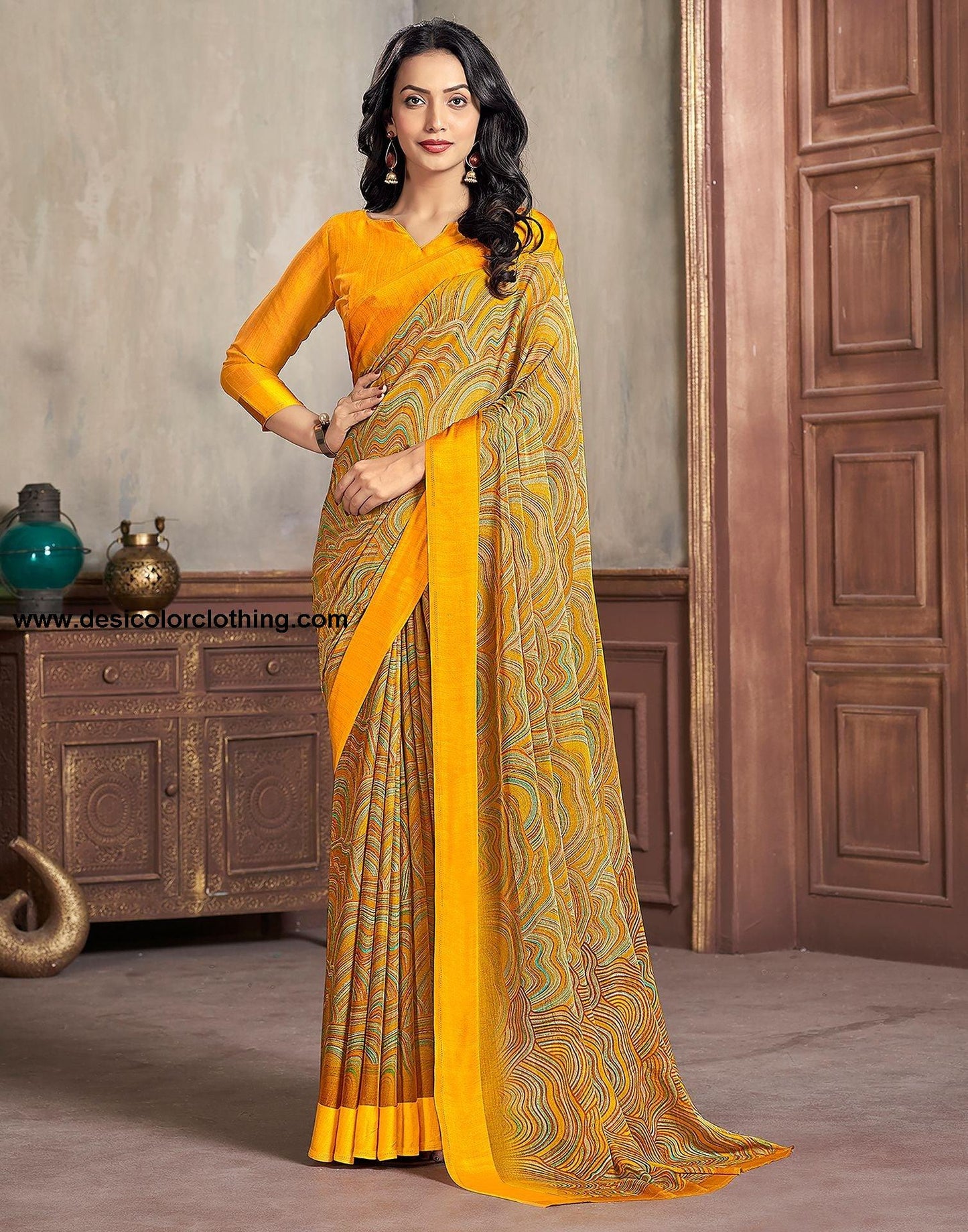 Yellow Printed Chiffon Saree