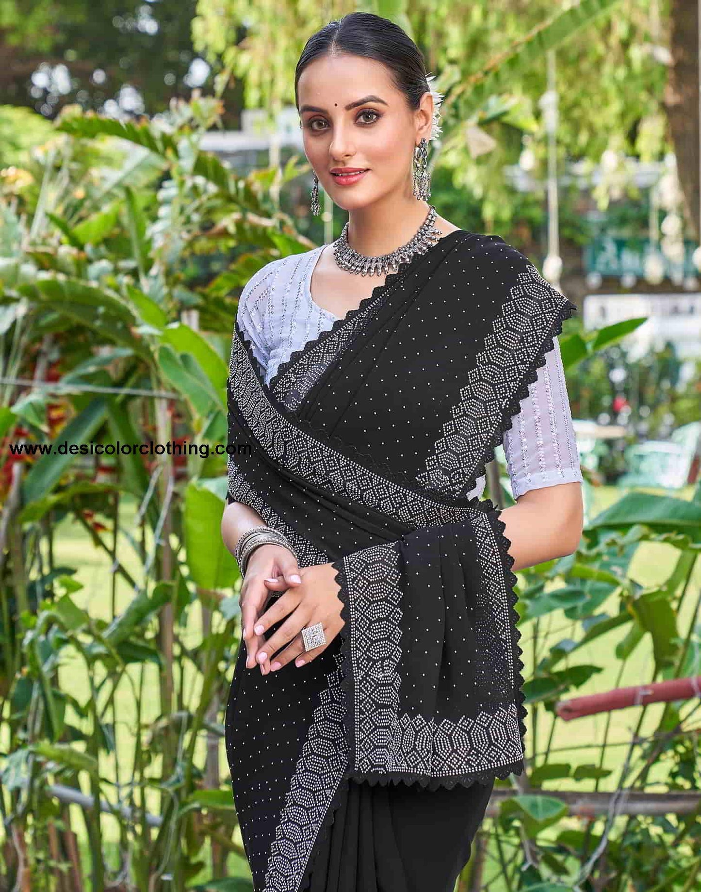 Black Swarovski Georgette Stone Work Saree