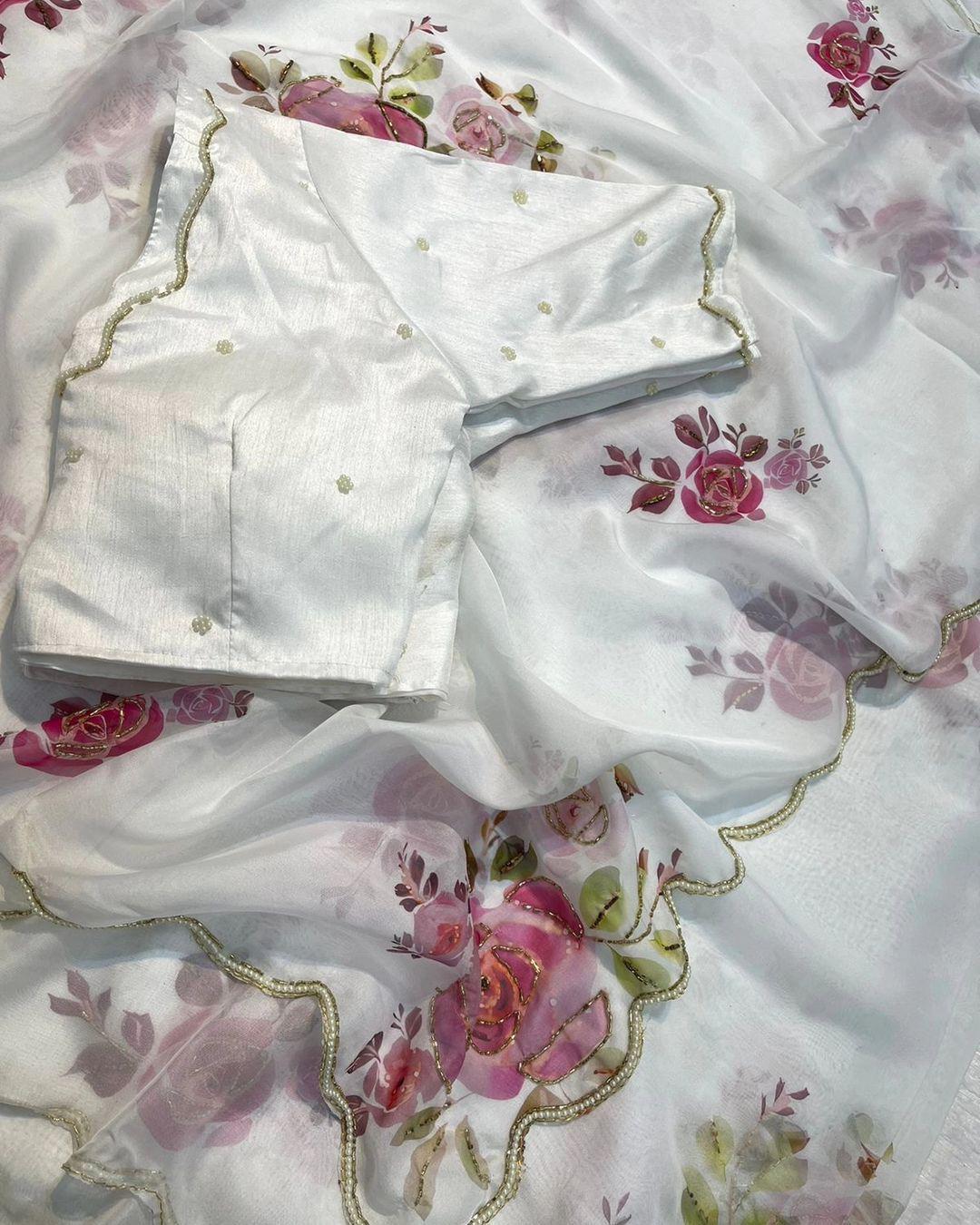 Product Image - Designer Satin Organza Saree with Handcrafted Floral Prints and Pearl Cutwork Border