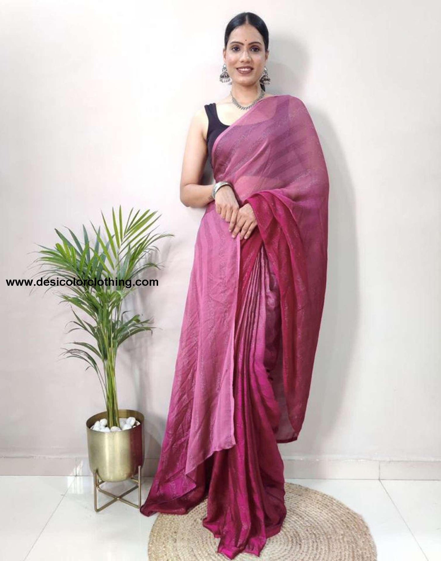 Onion Pink Plain Georgette Pre-draped Saree