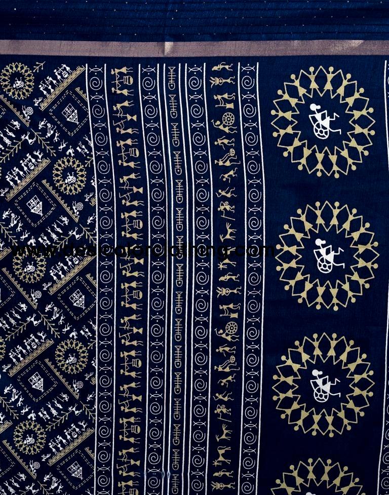 Dark Blue Silk Printed Saree