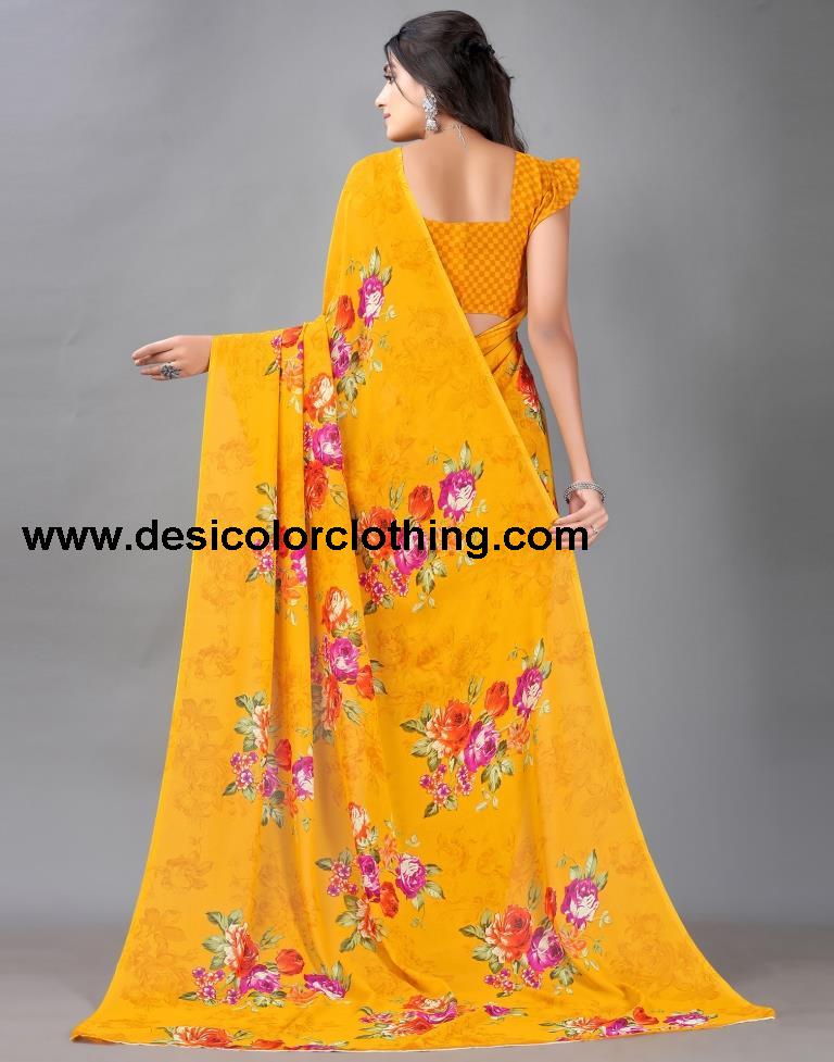 Yellow Printed Georgette Saree