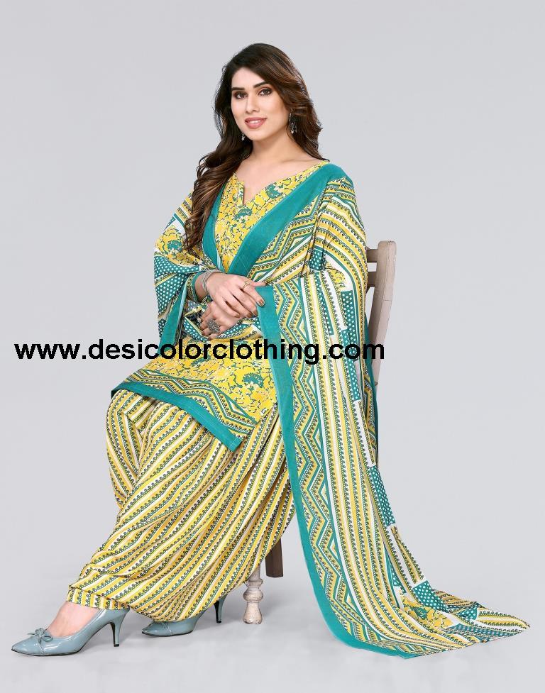 Yellow Printed Cotton Unstitched Salwar Suit Material