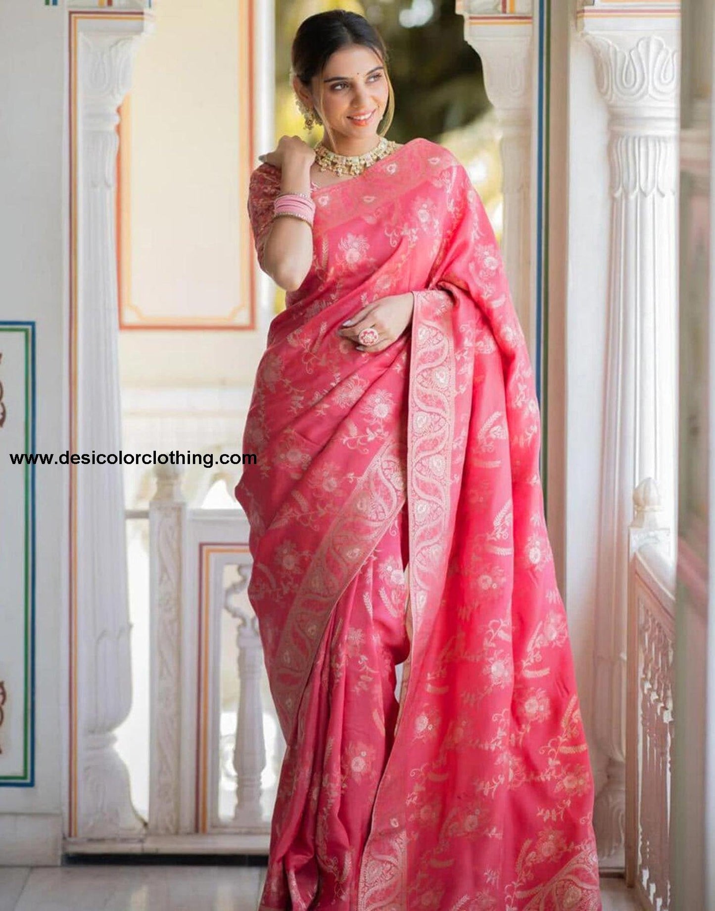 Punch Pink Silk Plain Saree