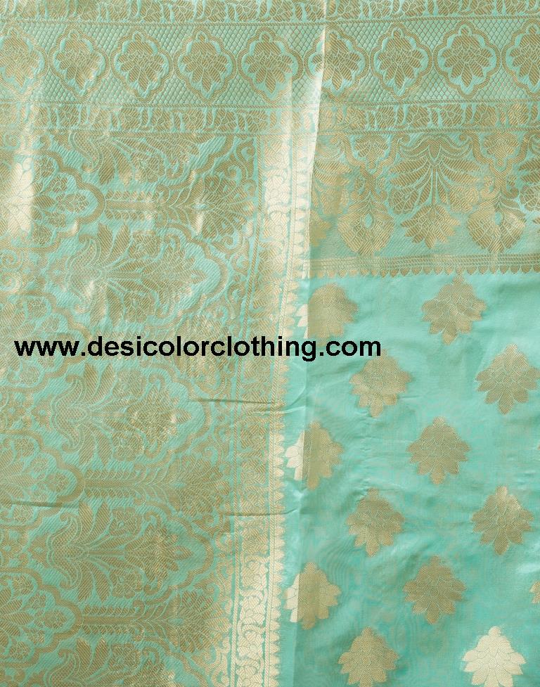 Turquoise Organza Woven Saree