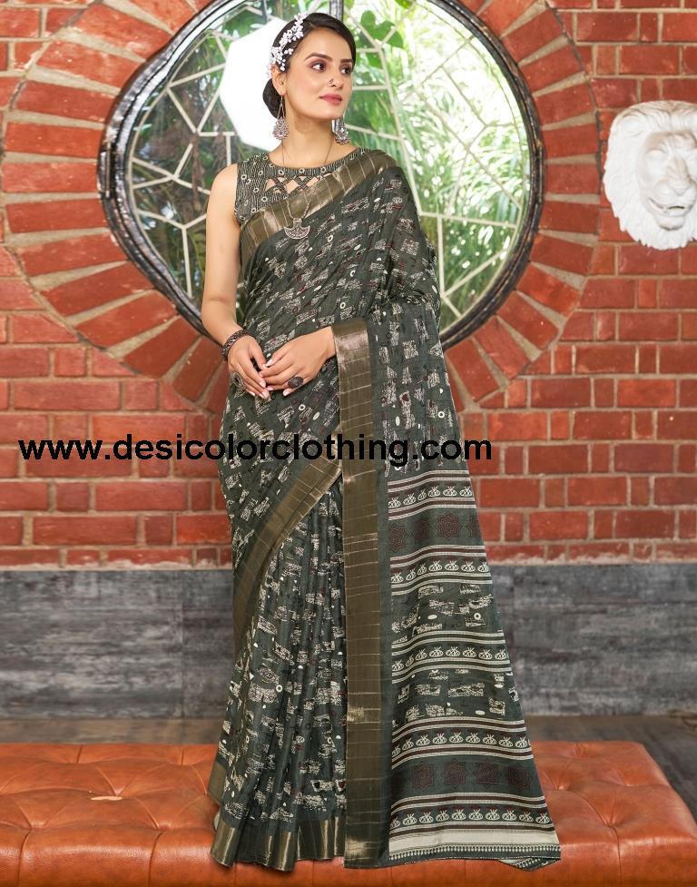 Dark Grey Silk Printed Saree