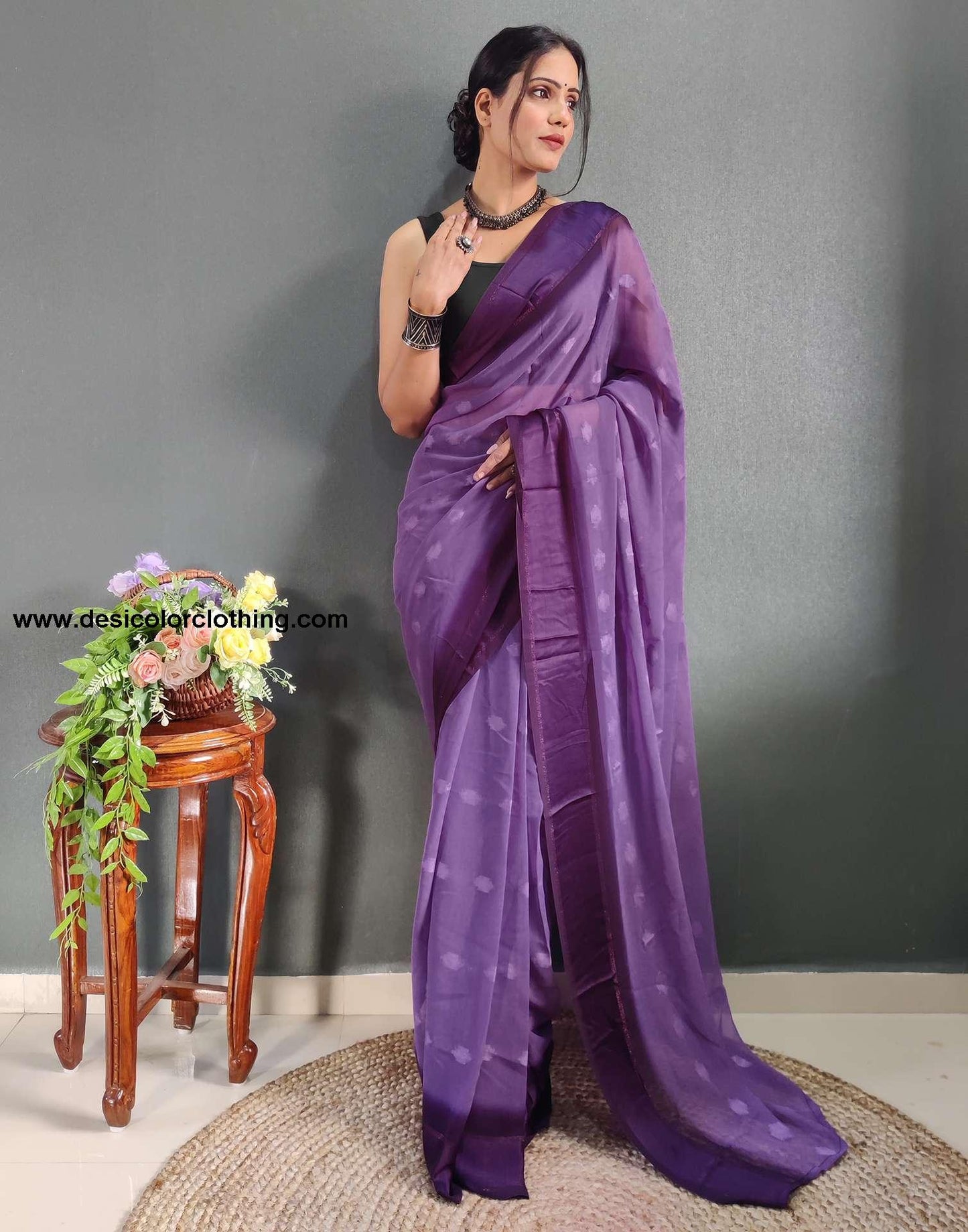 Pastel Purple Plain Georgette Pre-draped Saree