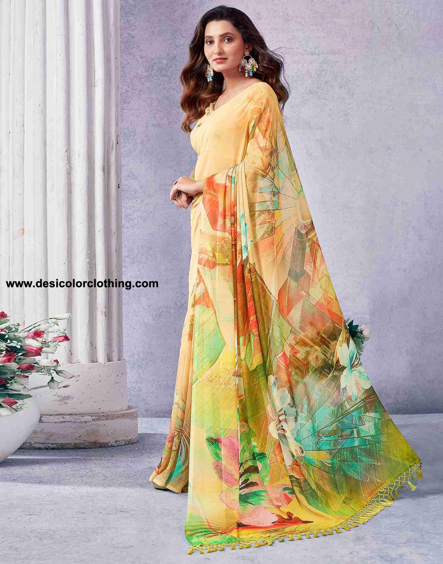 Yellow Georgette Printed Saree