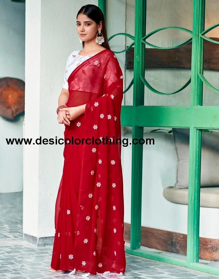 Red Georgette Embroidery Saree