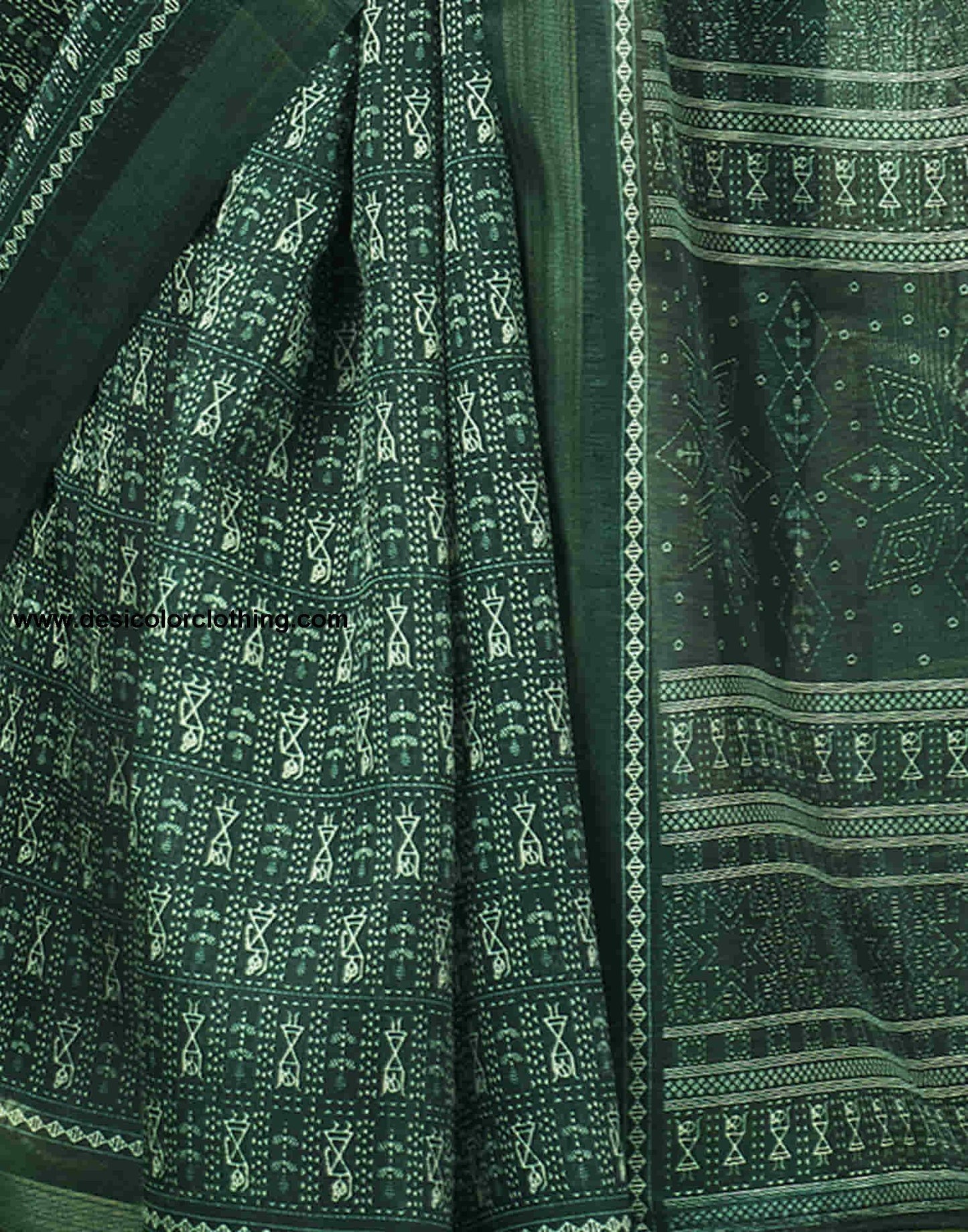 Dark Green Cotton Printed Saree