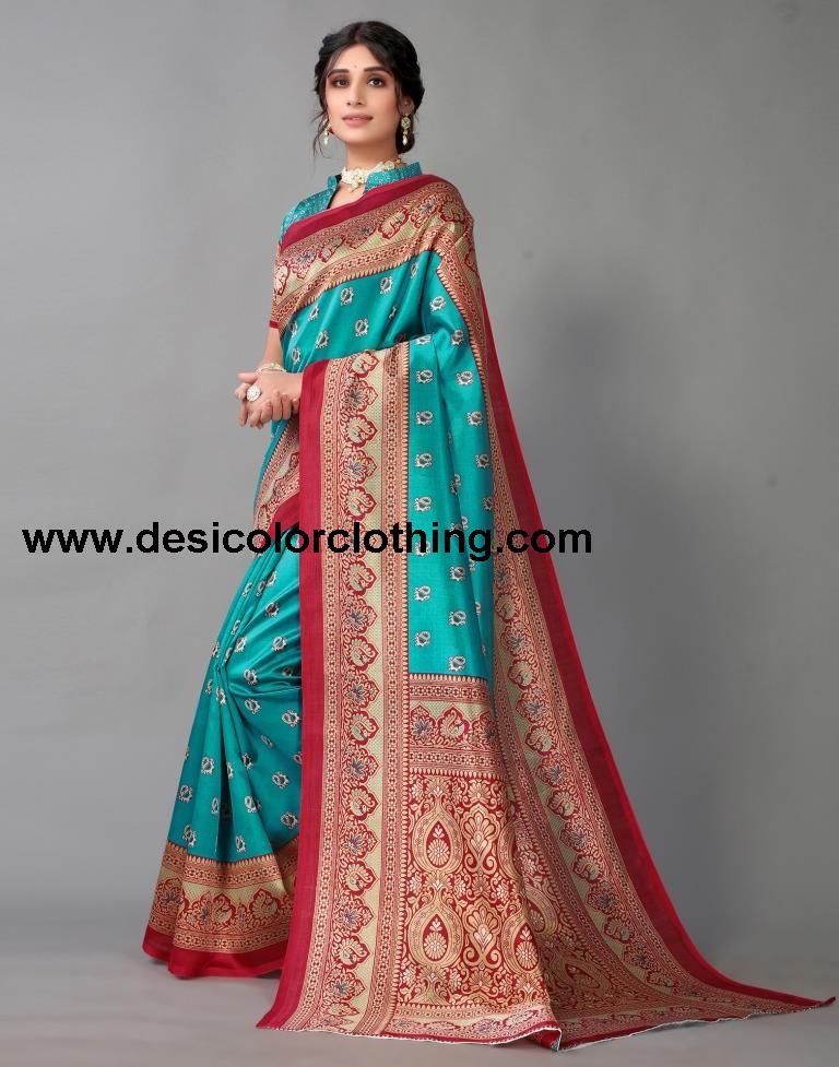 Rama Blue Printed Silk Saree