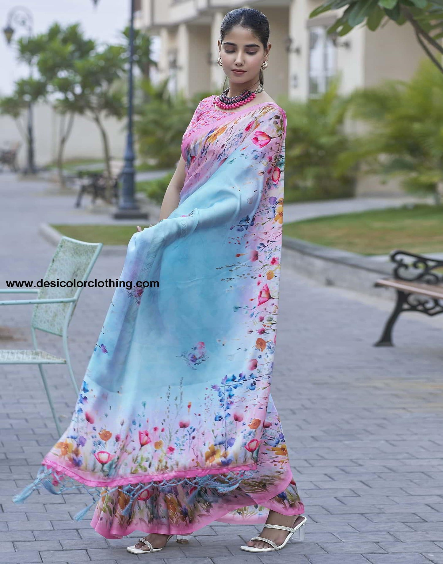 Blue Printed Satin Saree
