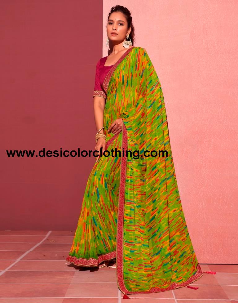 Green Chiffon Printed Saree