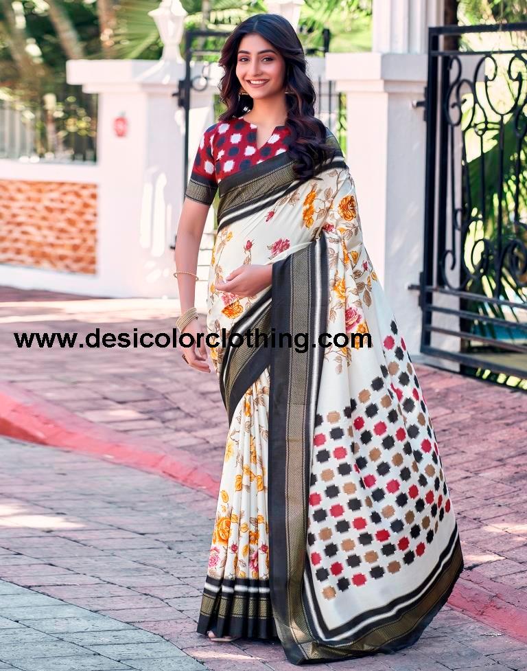 Cream Silk Printed Saree