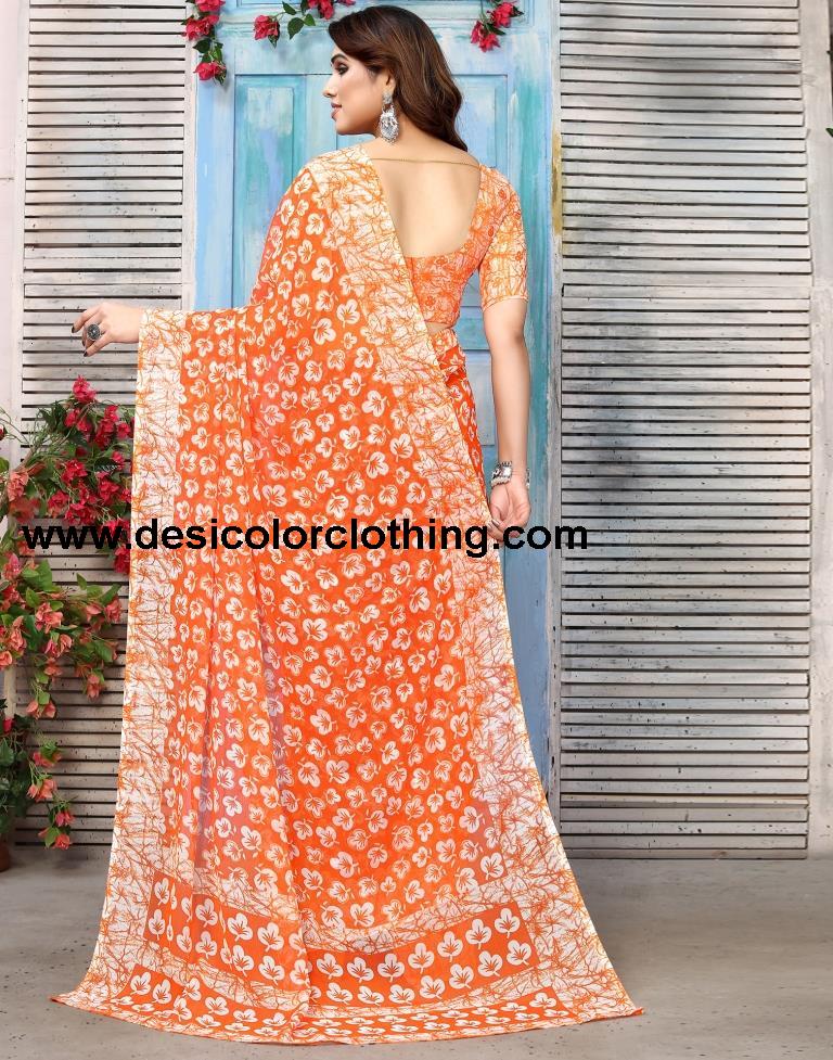 Orange Chiffon Printed Saree