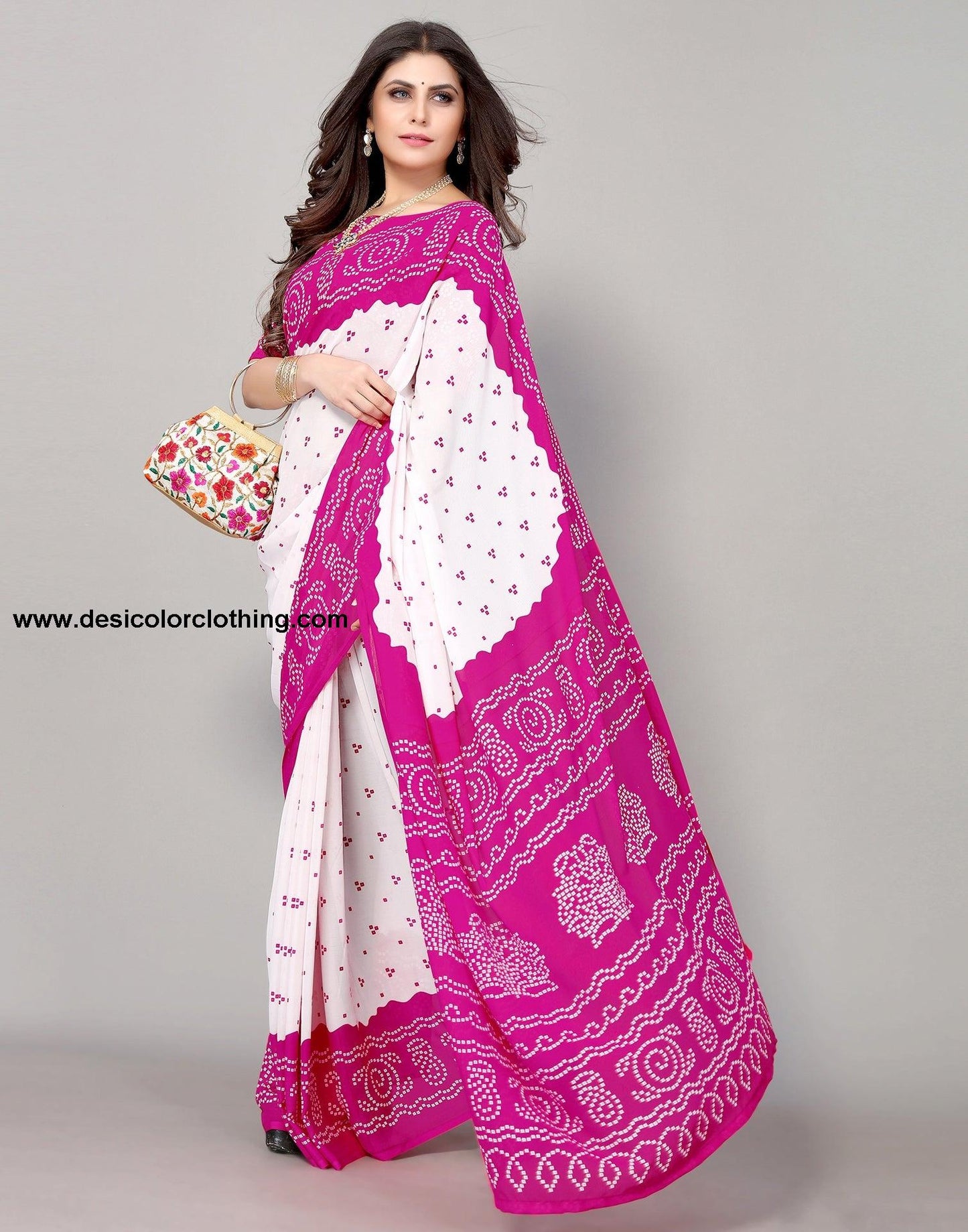 Pink And White Bandhani Printed Saree