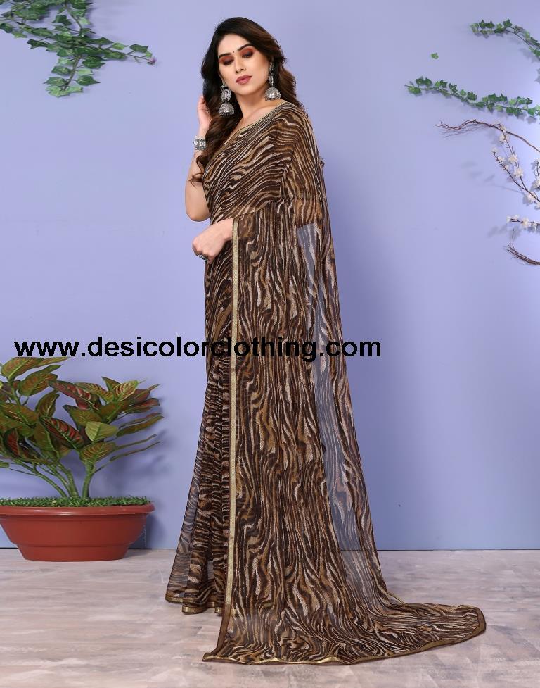 Brown Chiffon Animal Printed Saree