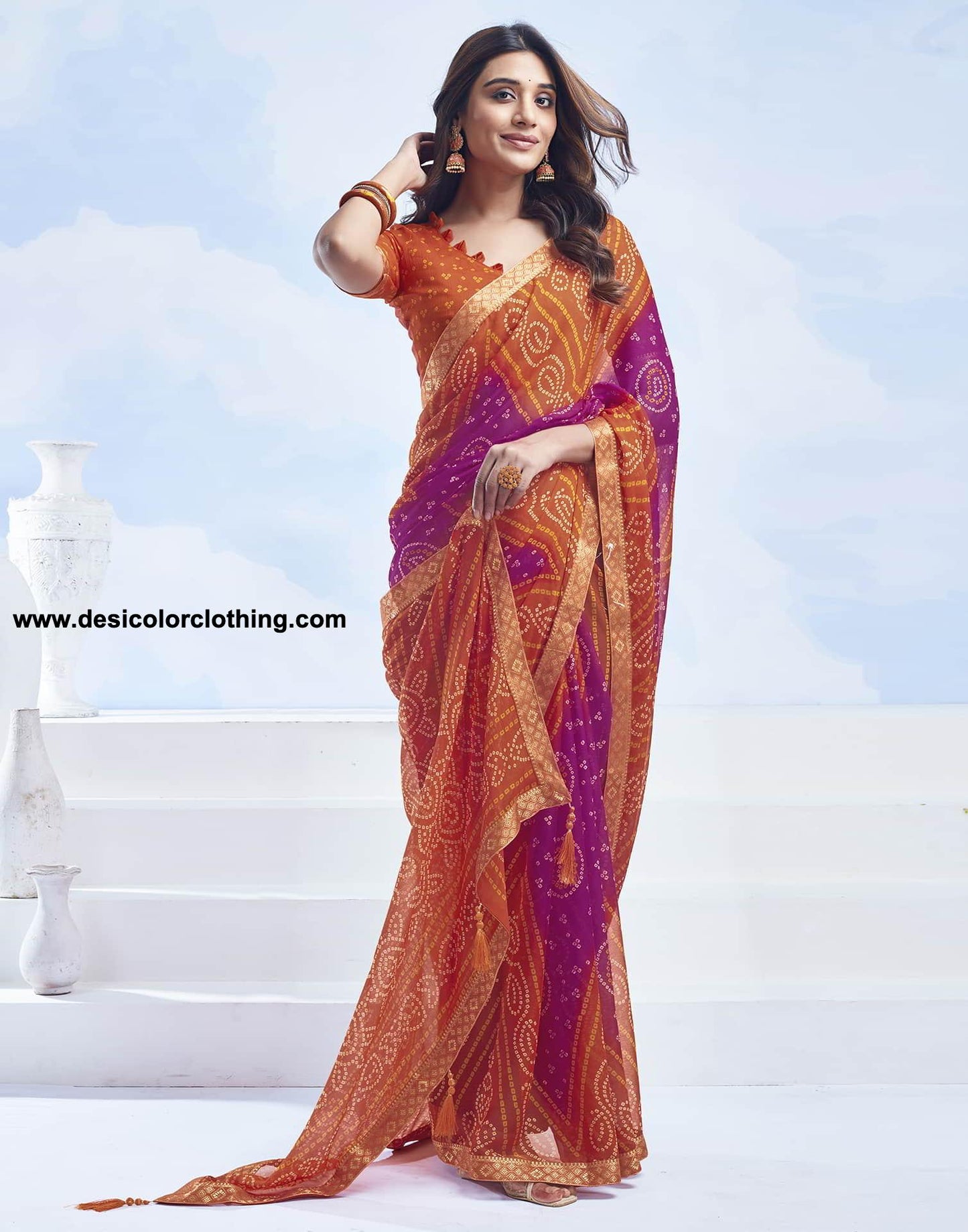 Orange Bandhani Chiffon Saree