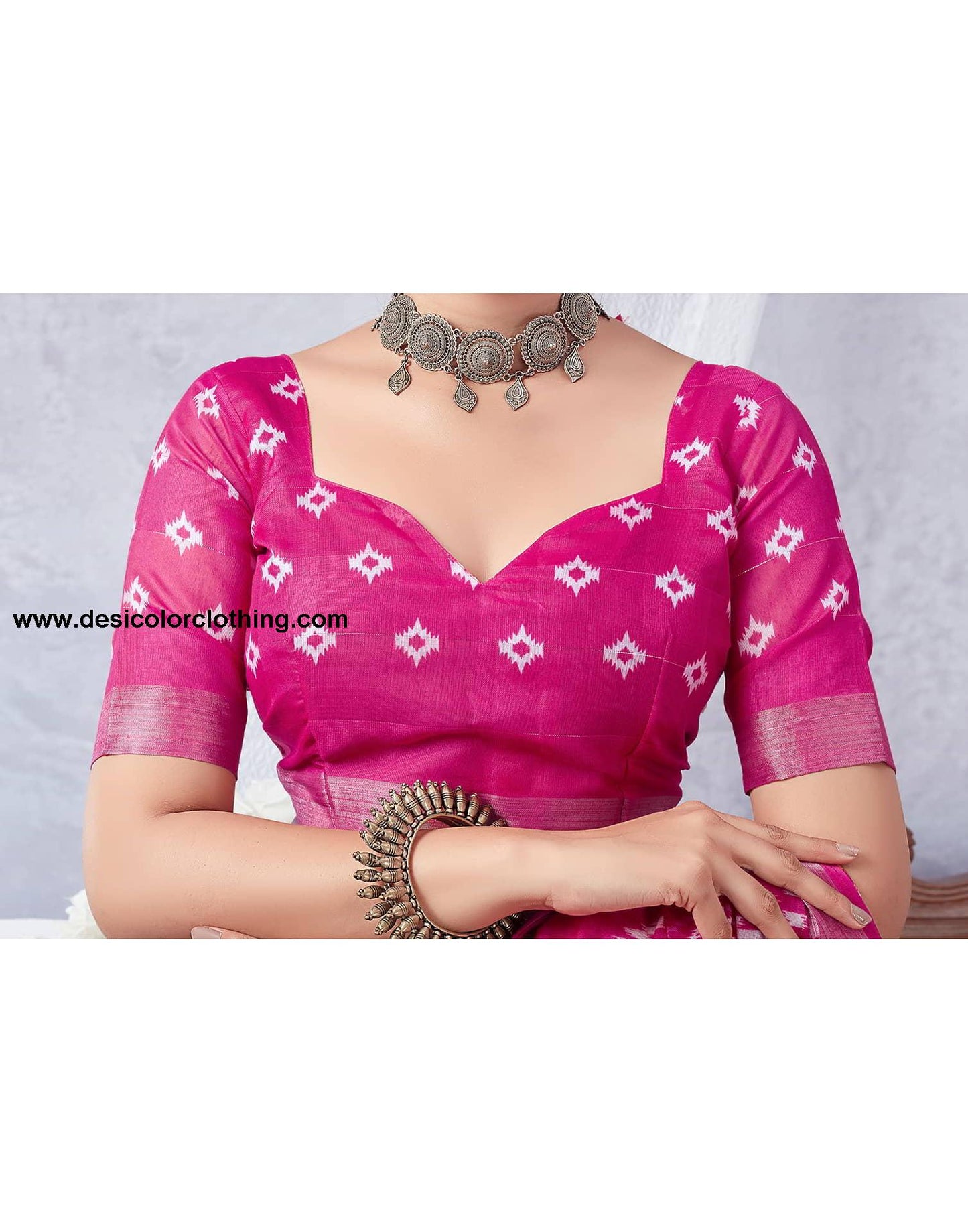 Pink Printed Cotton Geometric Saree