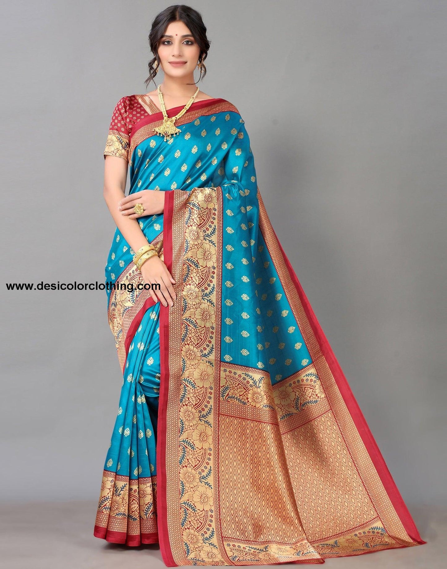 Peacock Blue And Beige Silk Saree