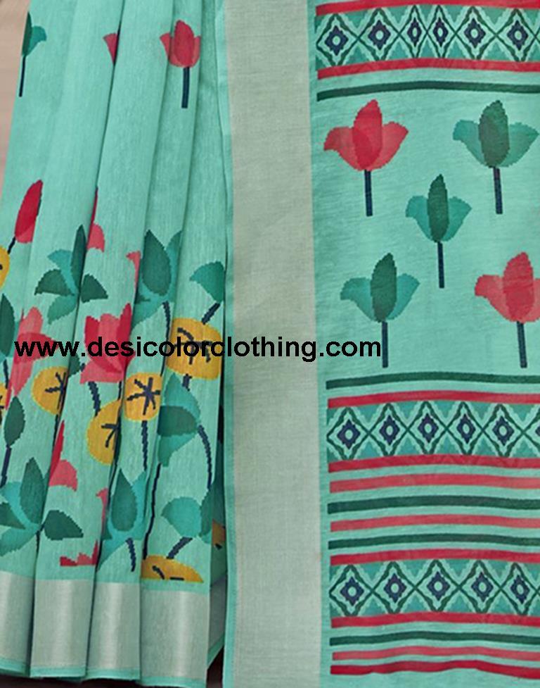 Turquoise Cotton Zari Saree