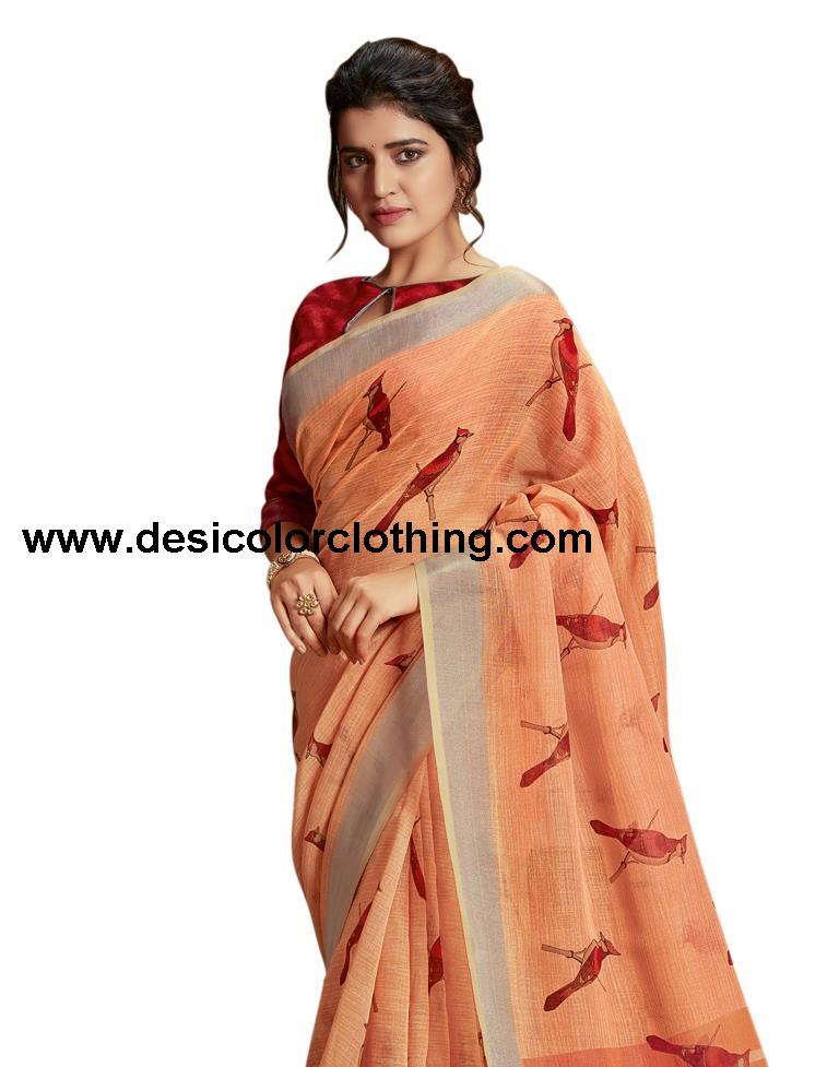 Peach Coloured Poly Cotton Printed Partywear saree