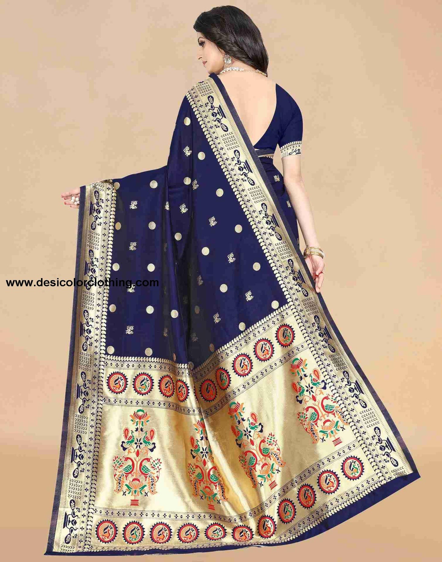 Elegant Navy Blue Silk Saree with Golden Woven Design