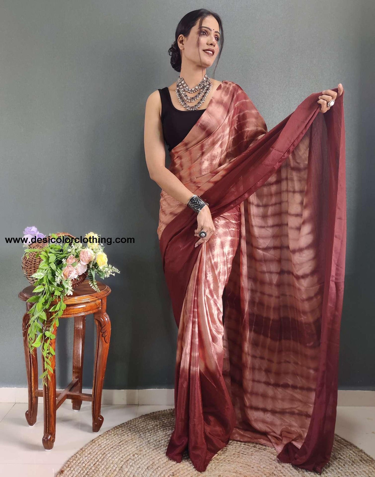 Dull Peach Printed Silk Pre-draped Saree