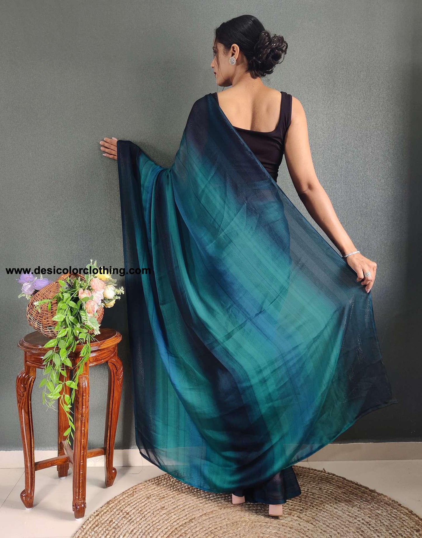 Blue Printed Georgette Pre-draped Saree
