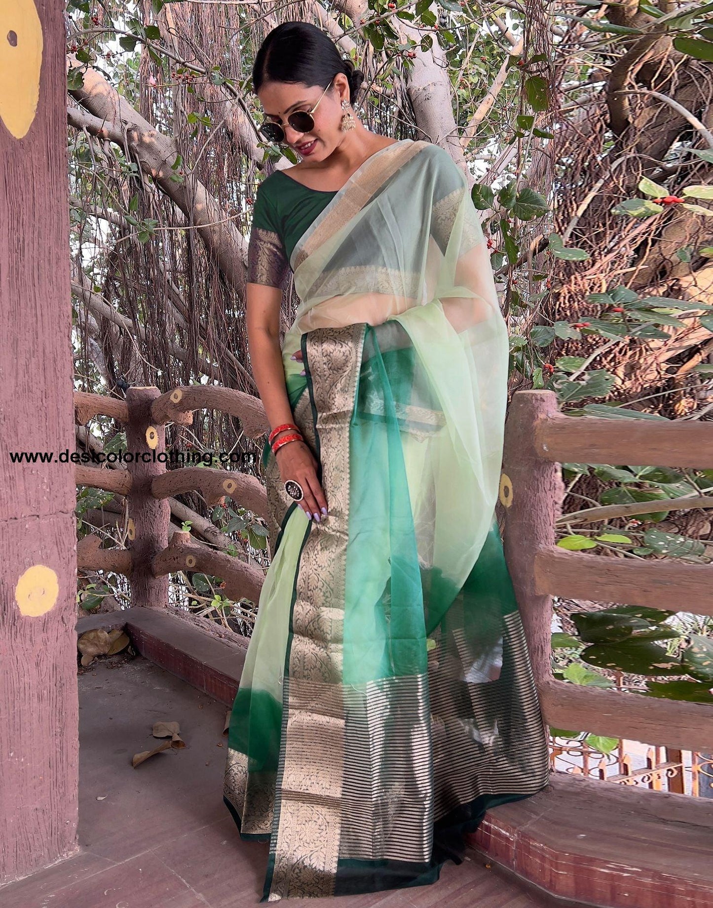 Dark Green Plain Organza Saree