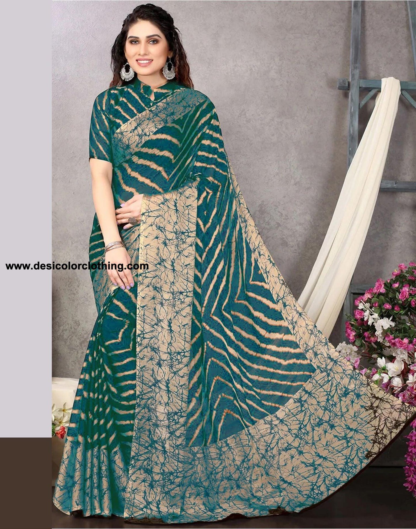 Rama Green Chiffon Printed Saree