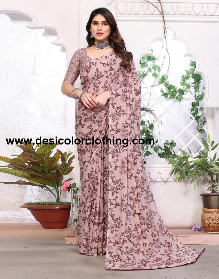Dusty Pink Georgette Floral Printed Saree