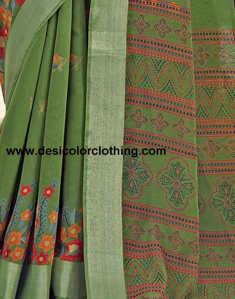 Olive Green Cotton Zari Saree