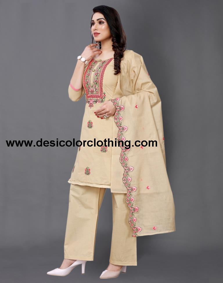 Warm Beige Cotton Embroidered Unstitched Salwar Suit