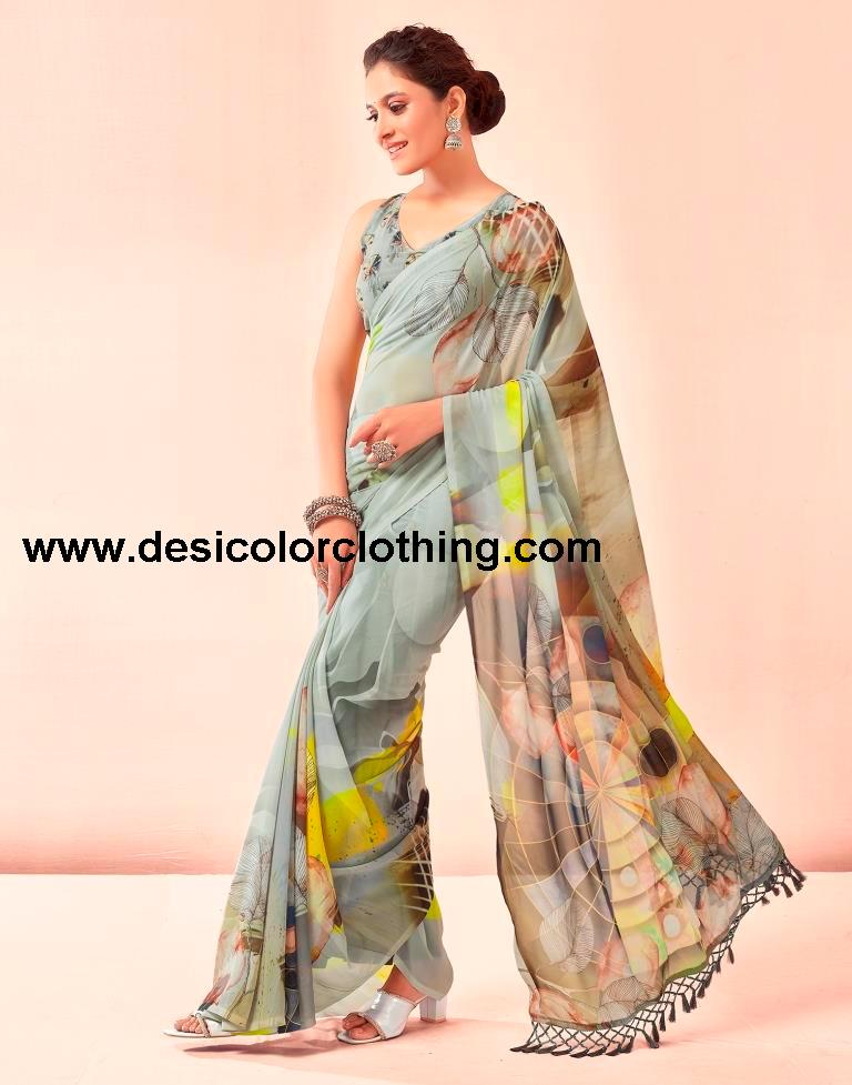 Dusty Green Georgette Printed Sarees
