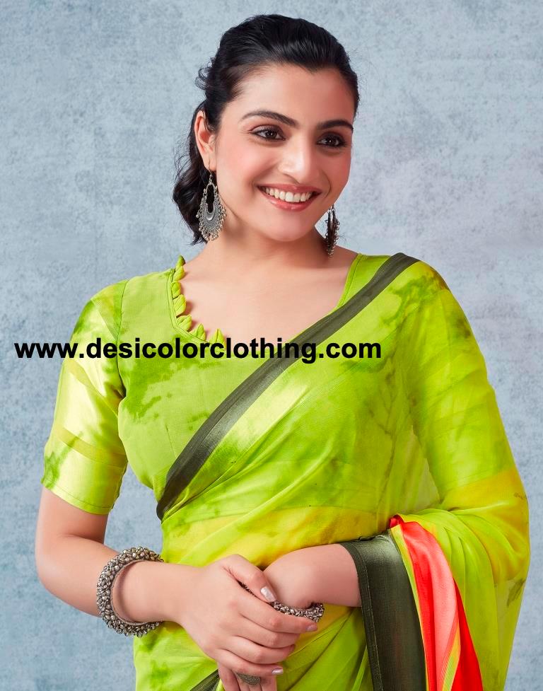 Parrot Green Georgette Printed Saree