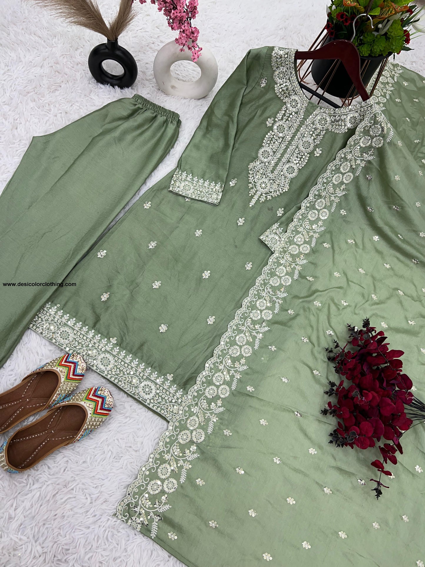 Pure Chinnon With Embroidery Sequence Work Top-Bottom And Dupatta Set Fully Stitched Ready To Wear*