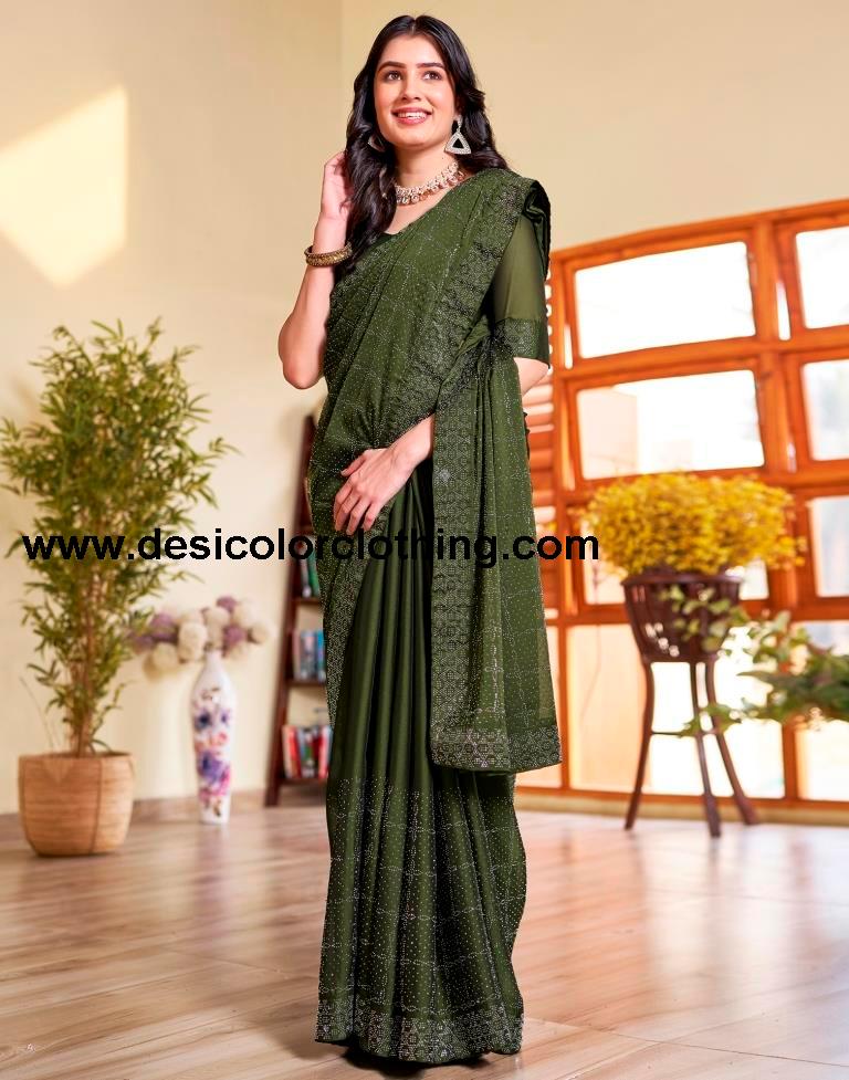 Mehndi Green Georgette Plain Saree
