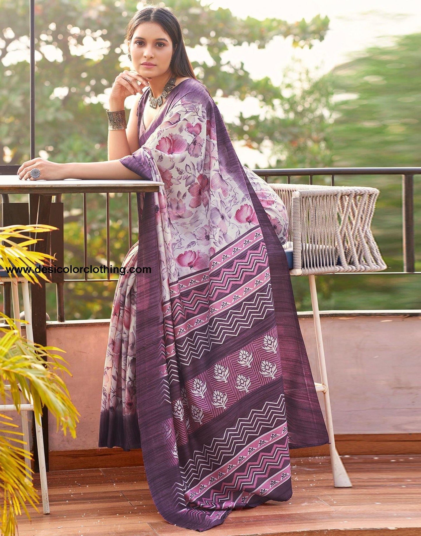 Cream Printed Silk Saree