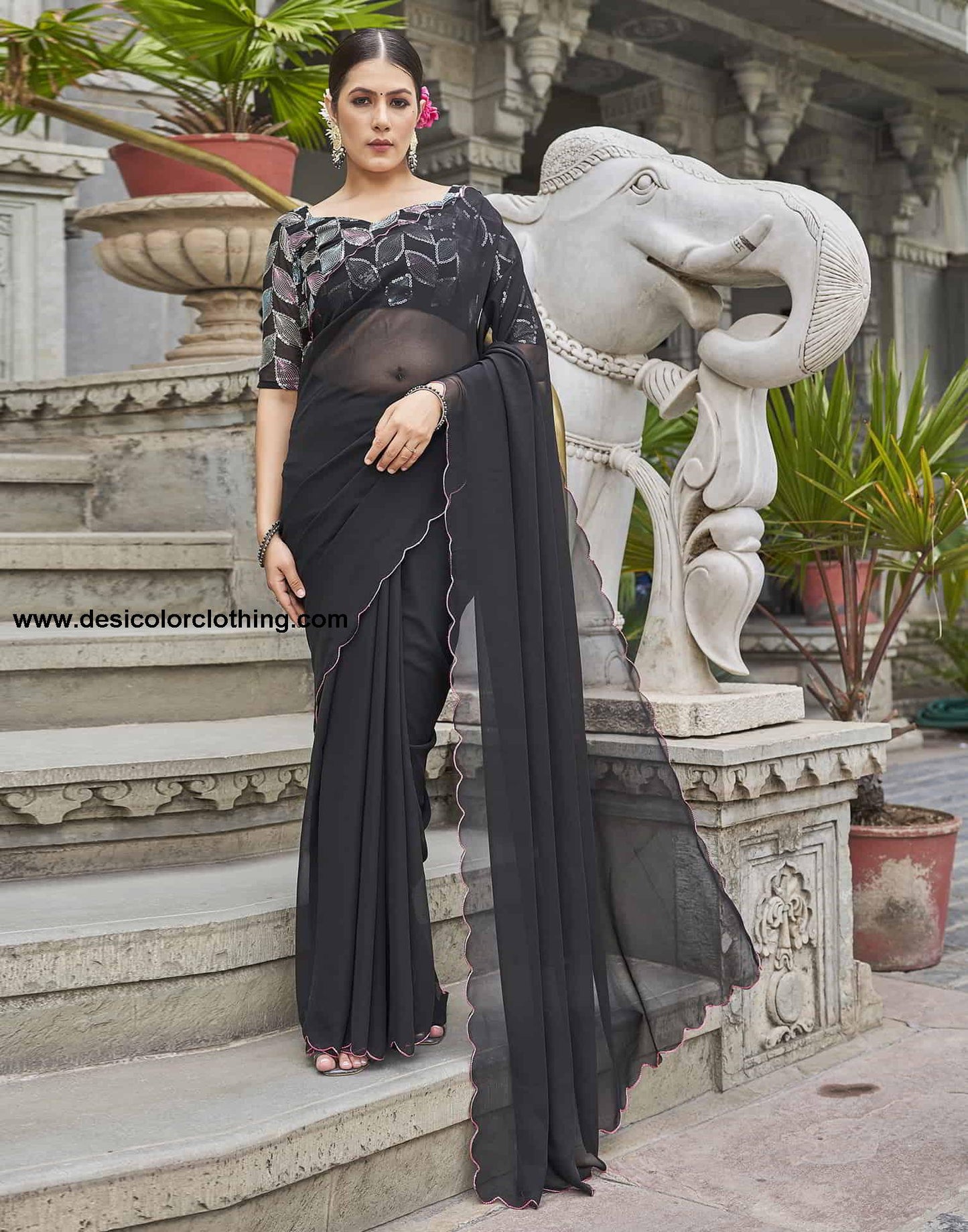 Black Plain Georgette Saree