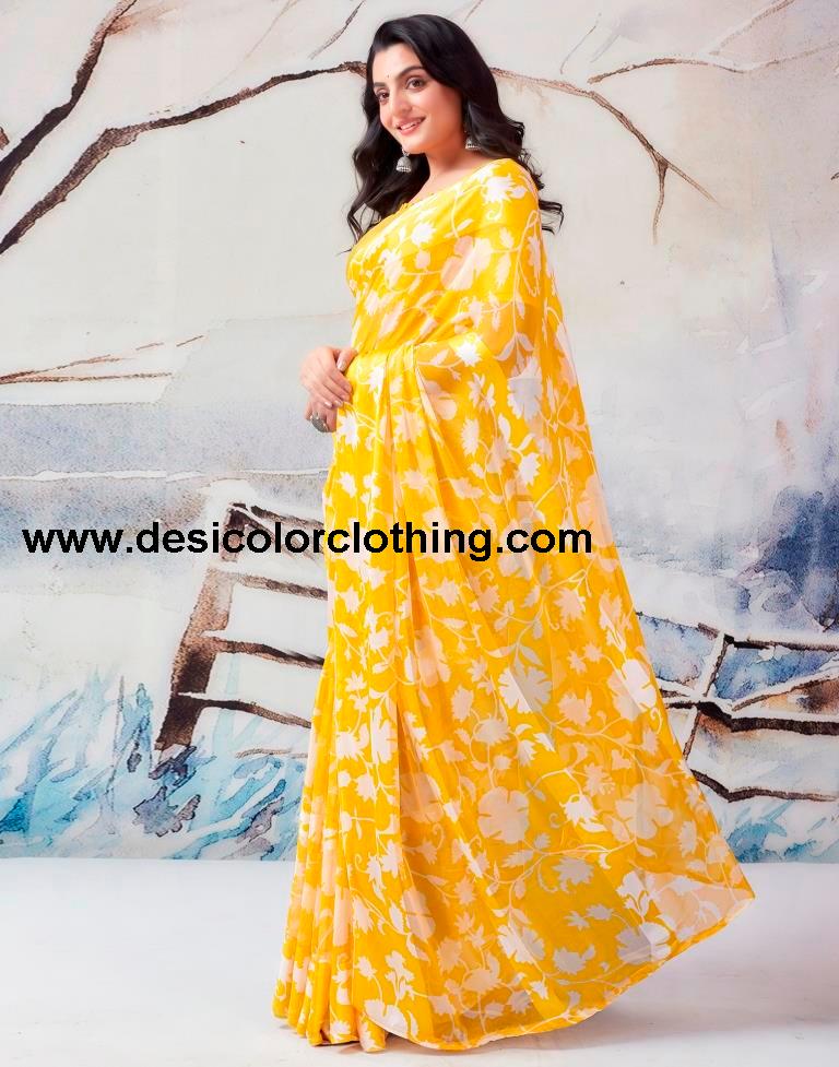 Yellow Georgette Printed Saree