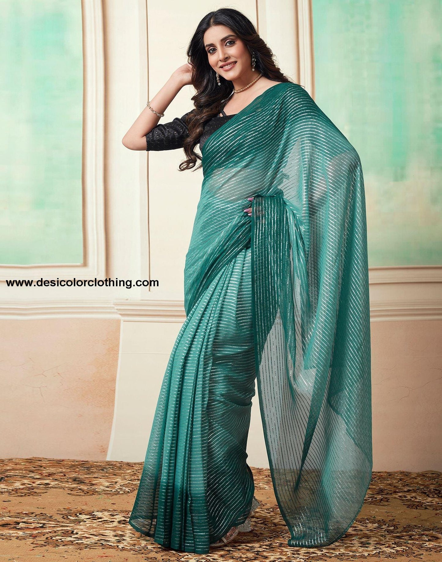 Rama Plain Georgette Pre-Draped Saree