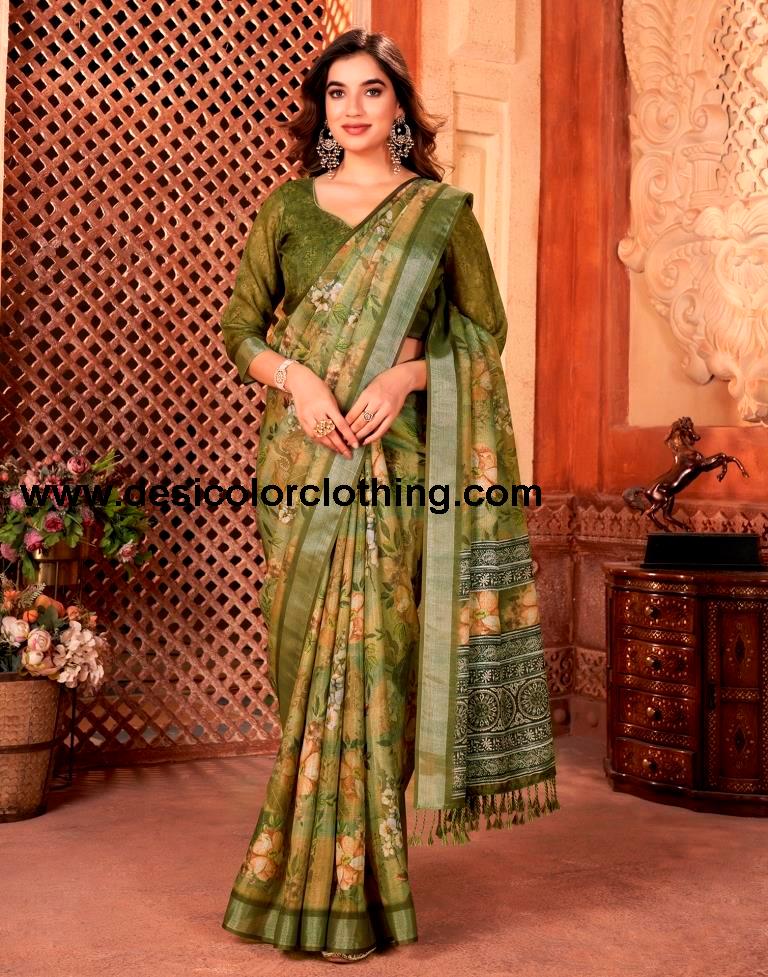Olive Green Linen Printed Saree