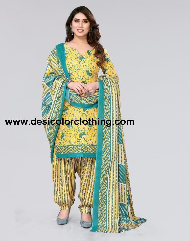 Yellow Printed Cotton Unstitched Salwar Suit Material