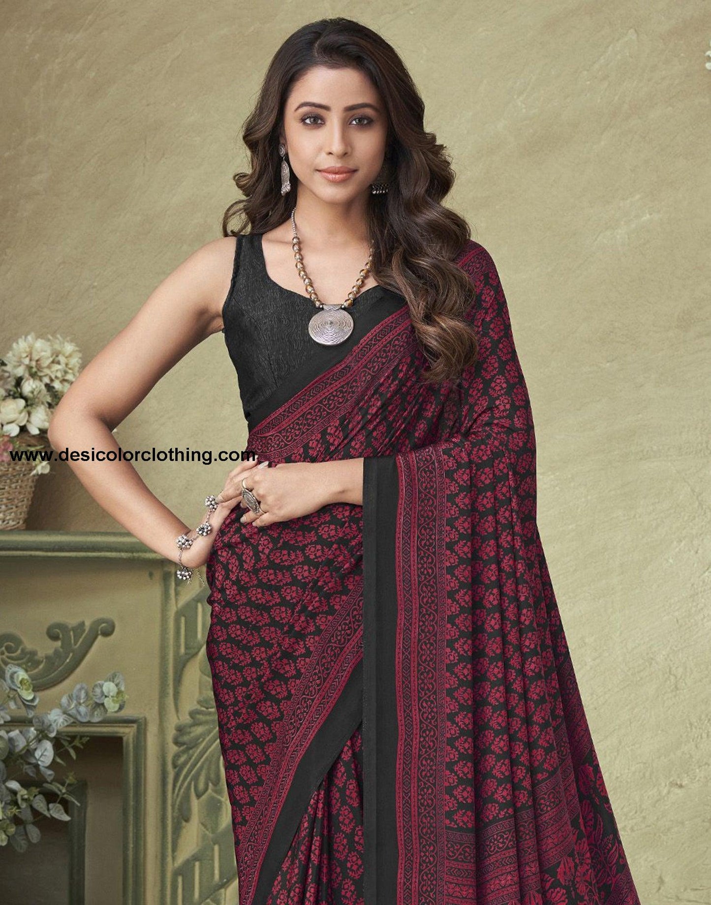 Black Silk Floral Printed Saree