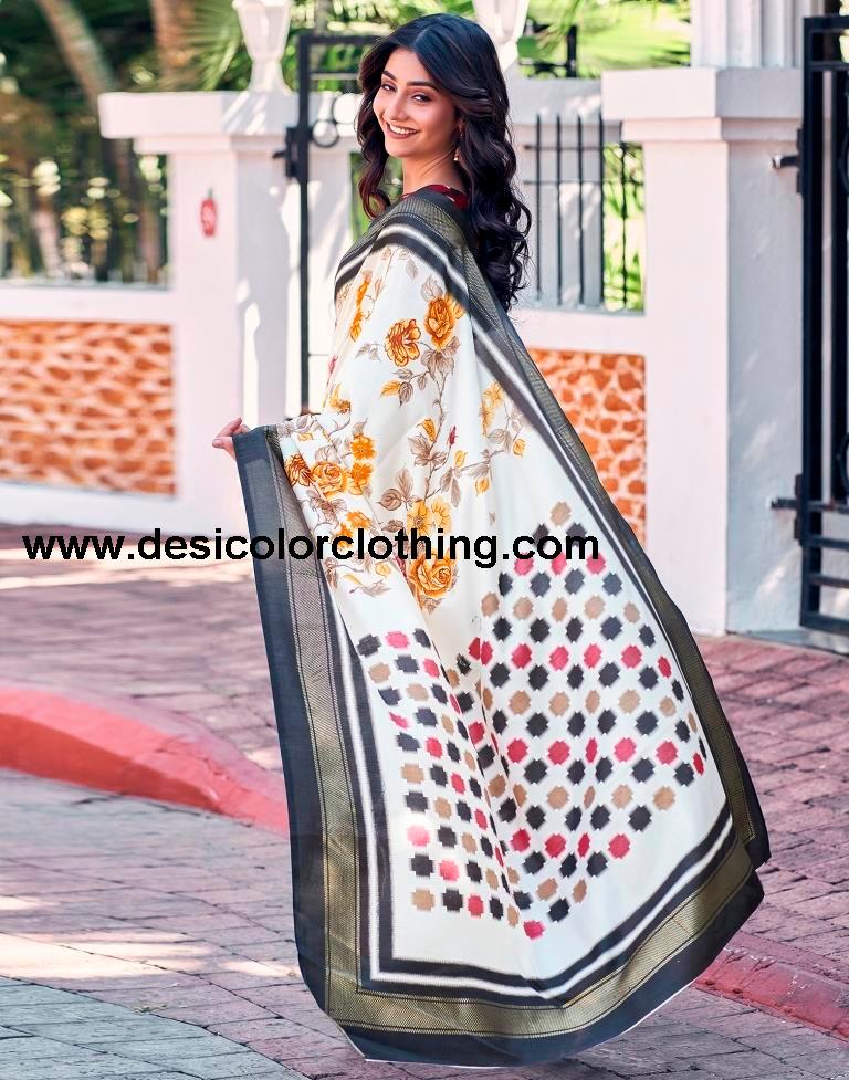 Cream Silk Printed Saree