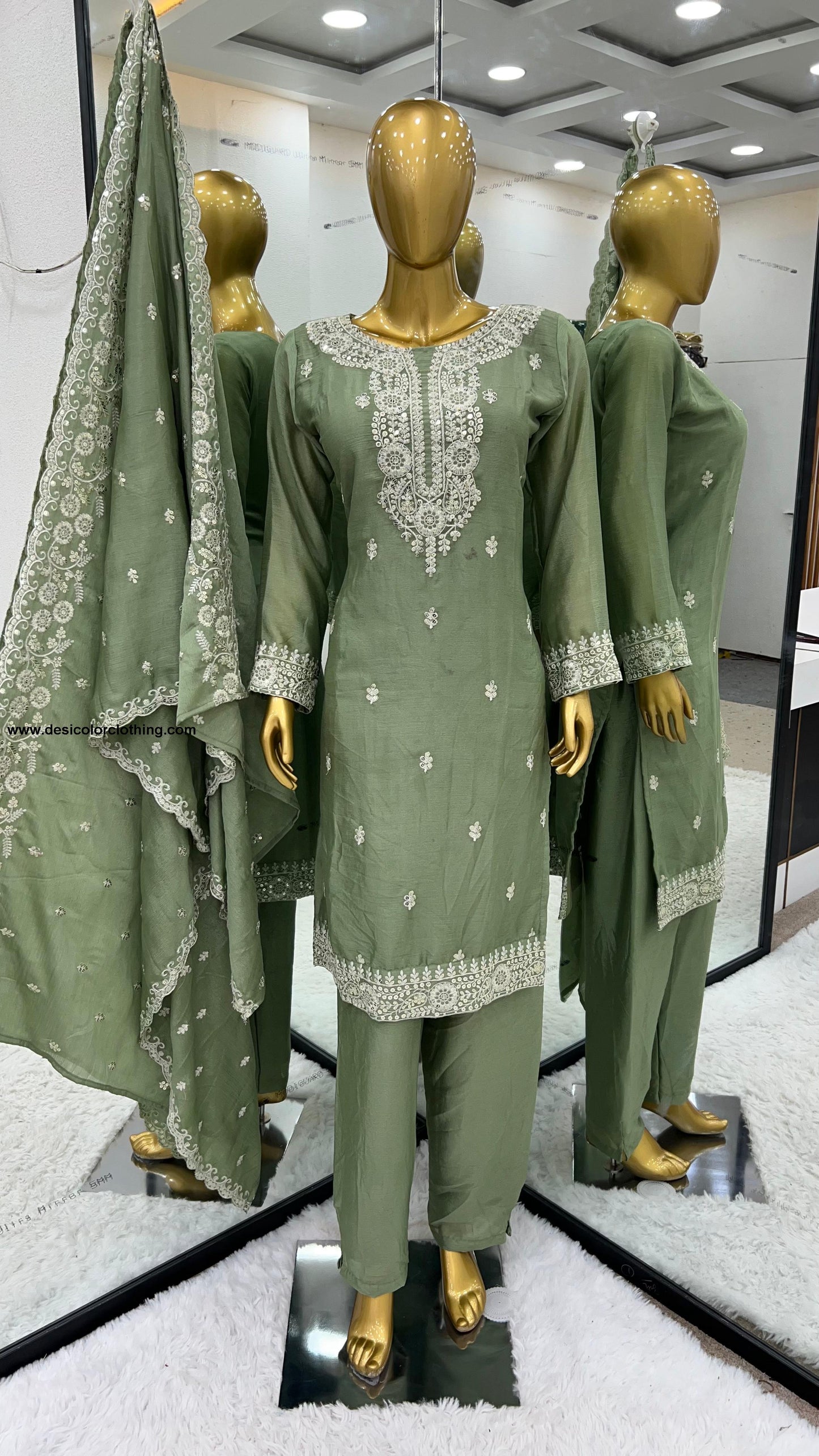 Pure Chinnon With Embroidery Sequence Work Top-Bottom And Dupatta Set Fully Stitched Ready To Wear*