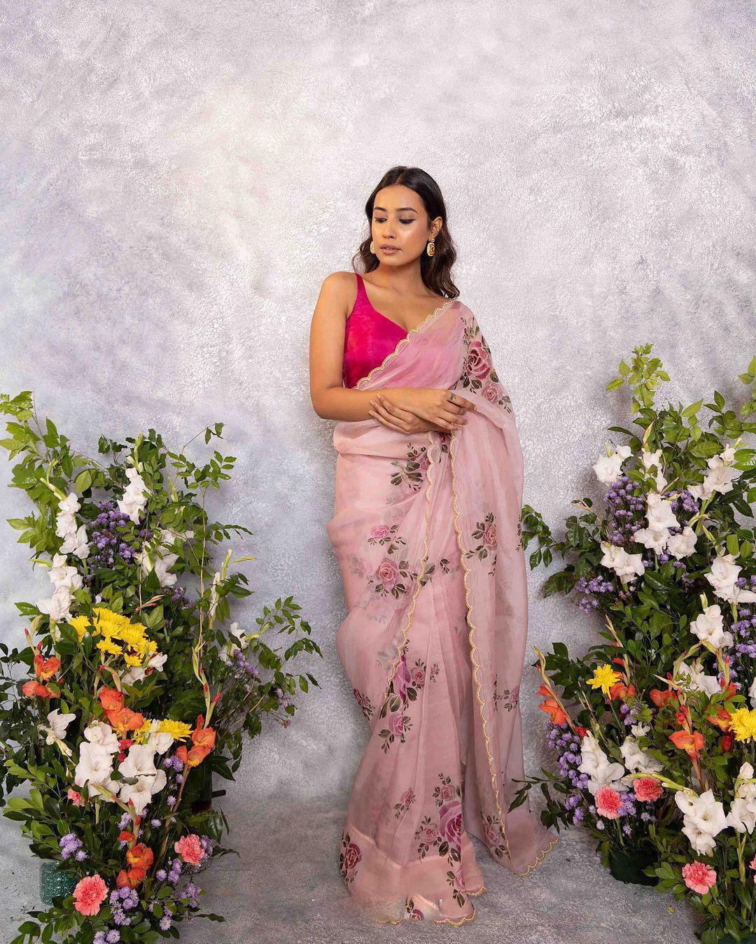 Product Image - Designer Satin Organza Saree with Handcrafted Floral Prints and Pearl Cutwork Border